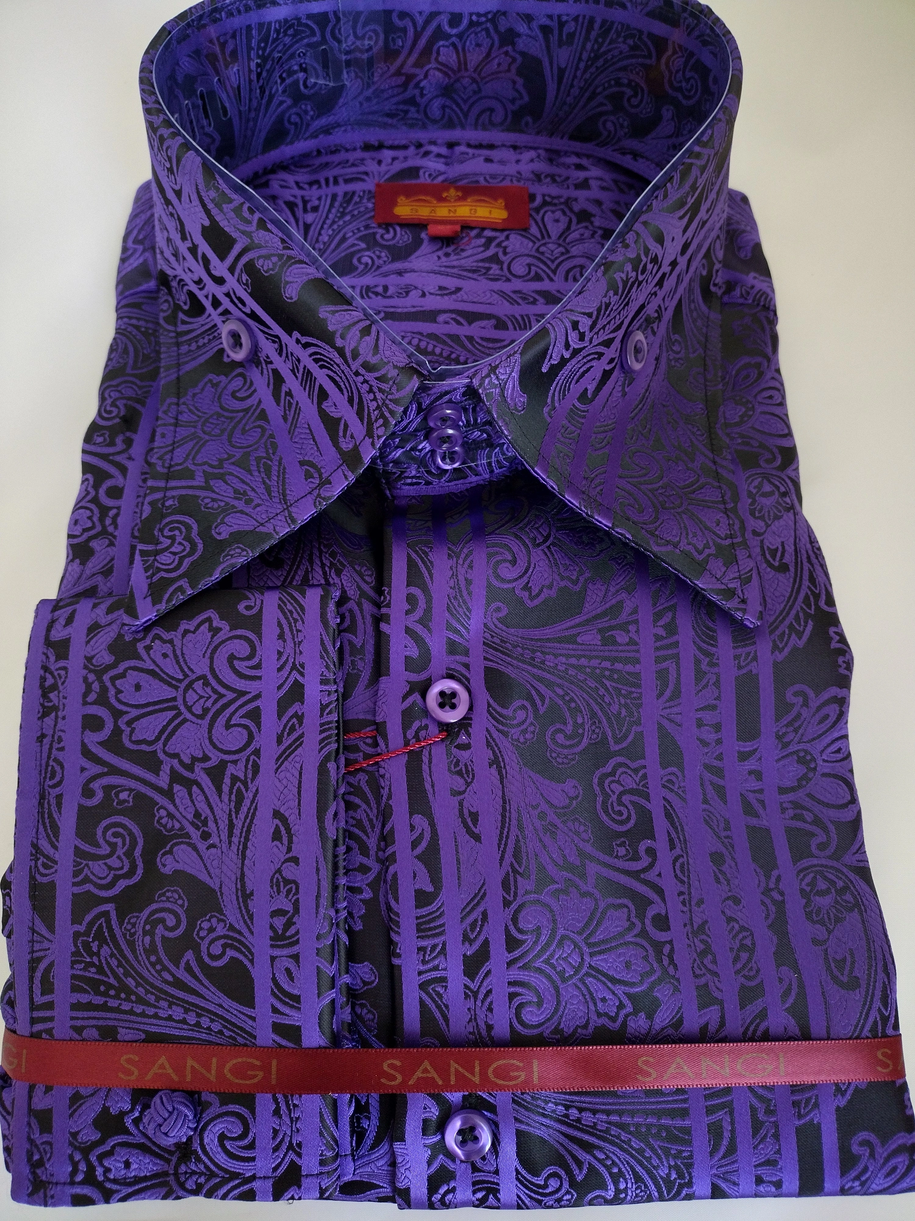 Sorte & Lilla Paisley Sangi Monaco Skjorte: Elegant Herrelook med Fransk Manchet – Stilrent!
