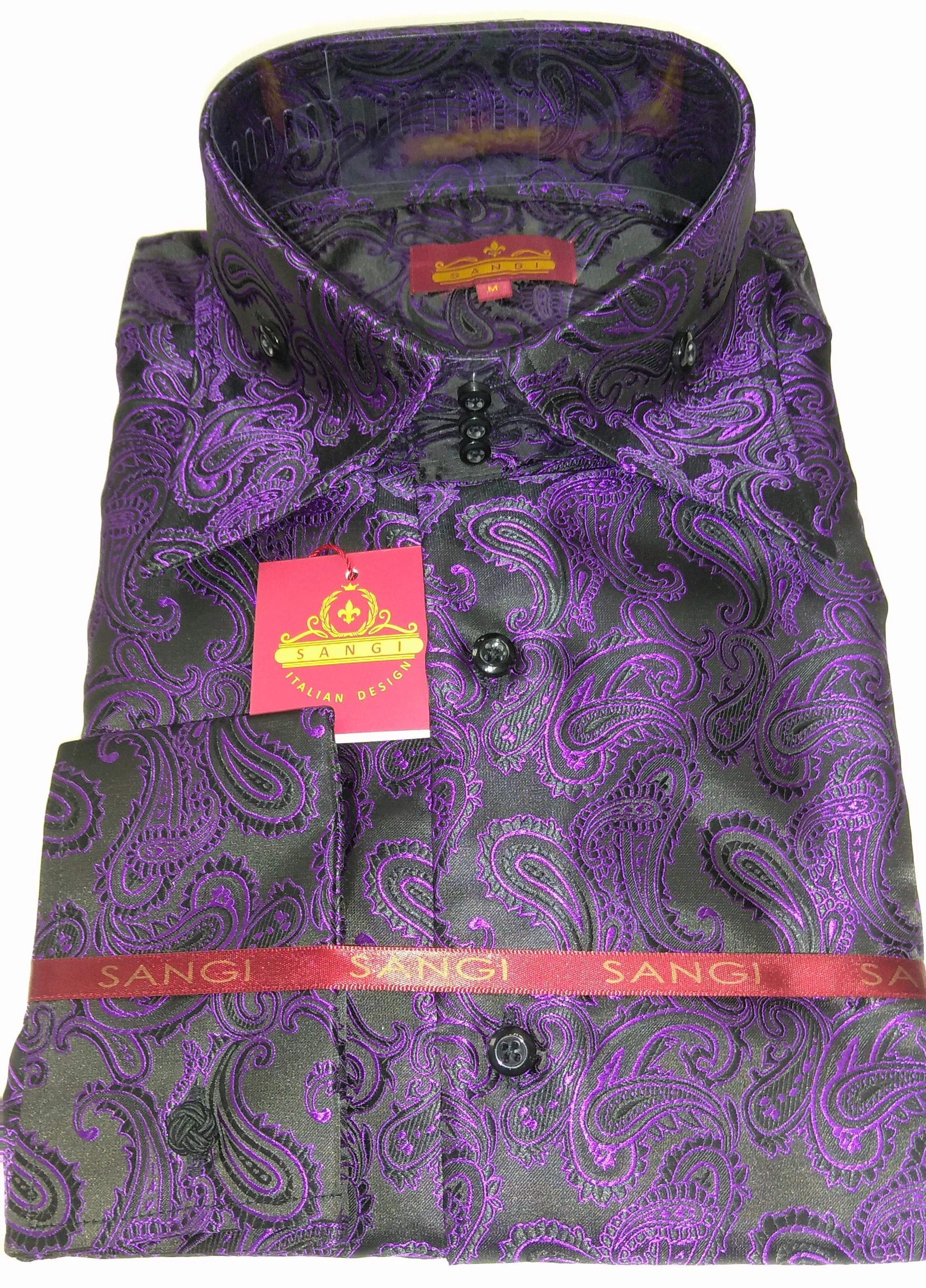 Elegant Herre Skjorte SANGI MILAN: Sort og Lilla Paisley, Fransk Manchet, Unikt Design, Stilfuld Klassiker.
