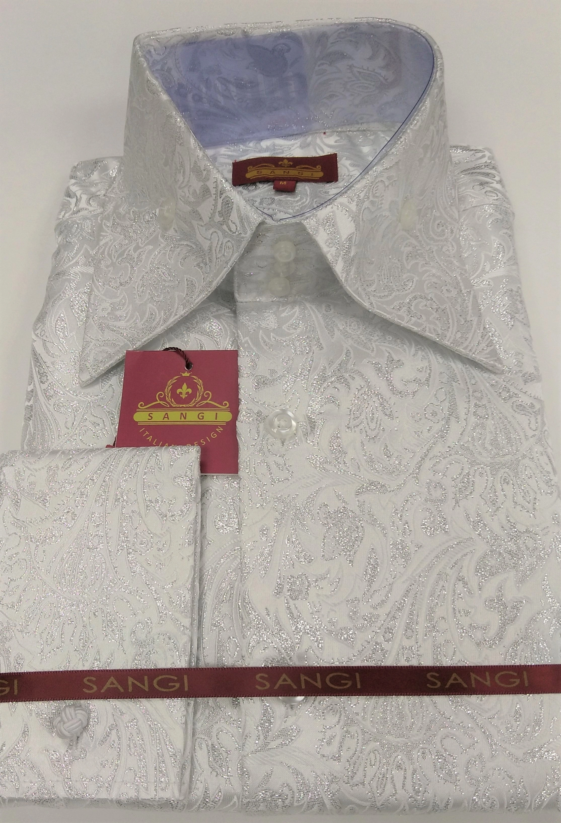 Hvid Sølvfolie Ivy Paisley High Collar Jacquard Skjorte SANGI MILAN Kollektion 2048 Mænds stilfulde skjorte Perfekt til natten